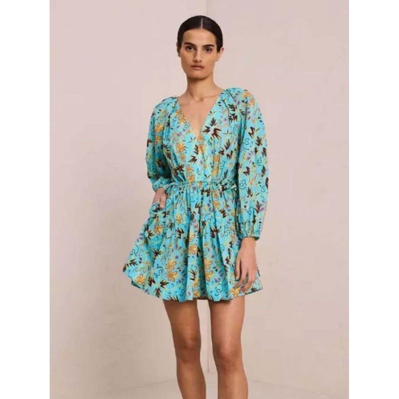 A.L.C. Sally Cinch-Tie Mini Dress In Grotto Blue Balloon Sleeve Cotton Summer 8